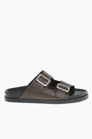 Pebbled Leather Slides With Buckles