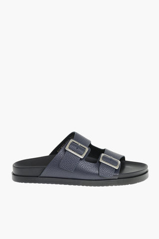 Double-Buckle Hammered Leather Sandals