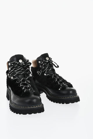Leder-Combatboots mit Pelzdetails und Track-Sohle