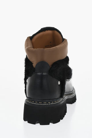 Leder-Combatboots mit Pelzdetails und Track-Sohle