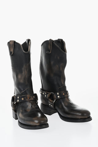 Vintage-Effect Leather Biker Boots HARLEY with 5cm Studs