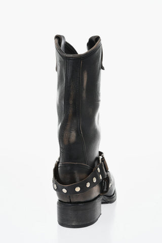 Vintage-Effect Leather Biker Boots HARLEY with 5cm Studs