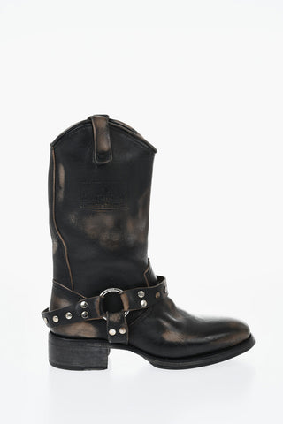 Vintage-Effect Leather Biker Boots HARLEY with 5cm Studs
