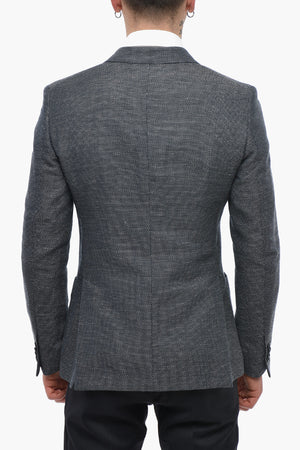 Double-Breasted Cotton and Linen Jacket with Two Vents and Peak Lapel
