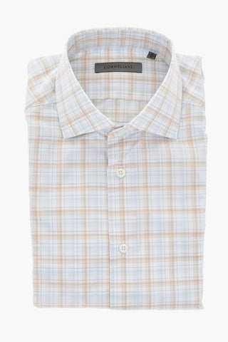 Camicia in Popeline di Cotone a Quadri con Collo Francese