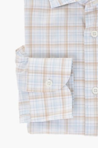 Camicia in Popeline di Cotone a Quadri con Collo Francese