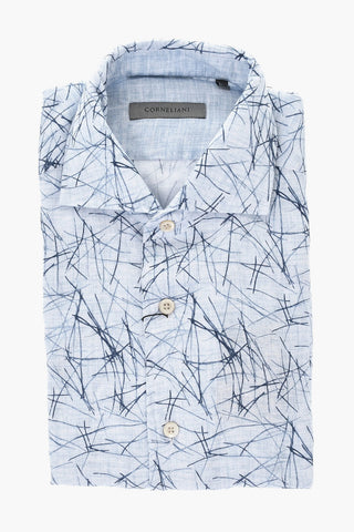 Camicia Casual a Fantasia in Lino con Collo Francese