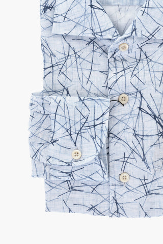 Camicia Casual a Fantasia in Lino con Collo Francese