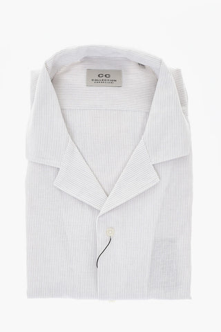 CC COLLECTION Camicia in Misto Lino a Righe Hairline con Colletto Cubano