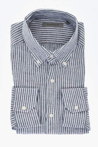 Camicia In Lino A Righe Con Collo Francese