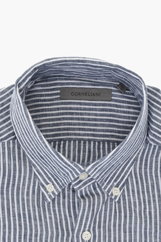 Camicia In Lino A Righe Con Collo Francese