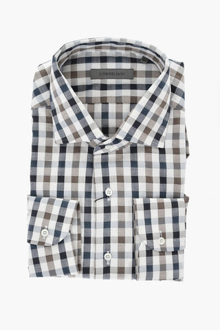 Camicia in Cotone e Lino a Quadri con Collo Francese