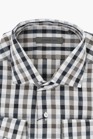 Camicia in Cotone e Lino a Quadri con Collo Francese