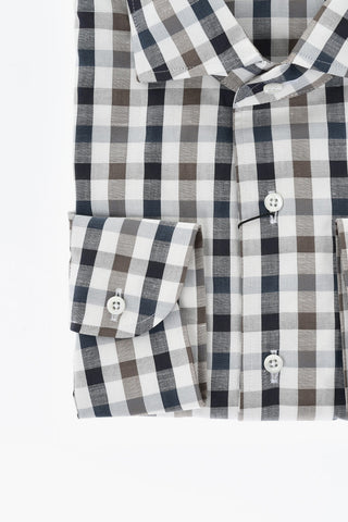 Camicia in Cotone e Lino a Quadri con Collo Francese