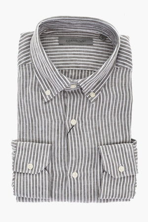 Camicia in Lino a Righe con Colletto Button-Down