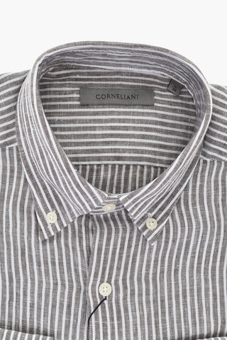 Camicia in Lino a Righe con Colletto Button-Down