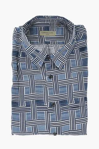 CIRCLE Camicia a Motivo Basketweave in Lino con Collo Italiano