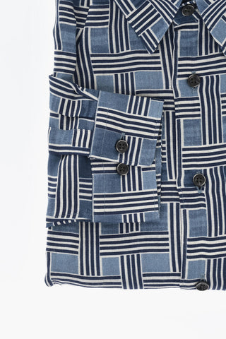 CIRCLE Camicia a Motivo Basketweave in Lino con Collo Italiano