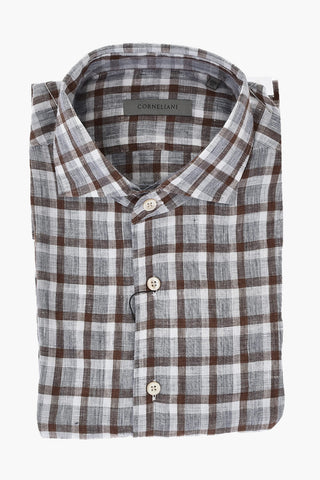 Camicia in Lino a Quadri con Collo Francese