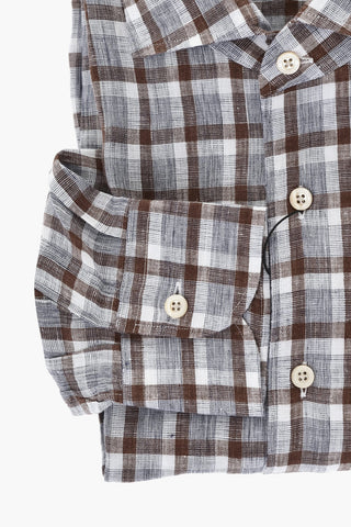 Camicia in Lino a Quadri con Collo Francese