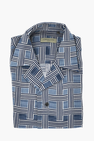 CIRCLE Camicia a Motivo Basketweave in Lino con Colletto Cubano