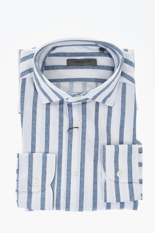 Camicia Wrinkle-Free in Tessuto Stretch a Righe con Collo Francese