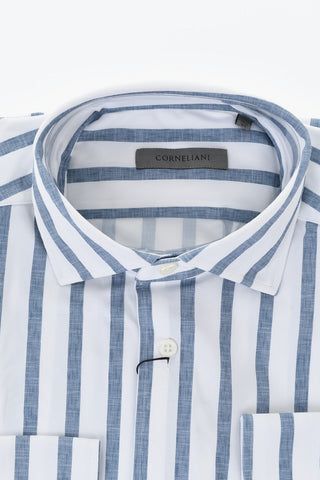 Camicia Wrinkle-Free in Tessuto Stretch a Righe con Collo Francese