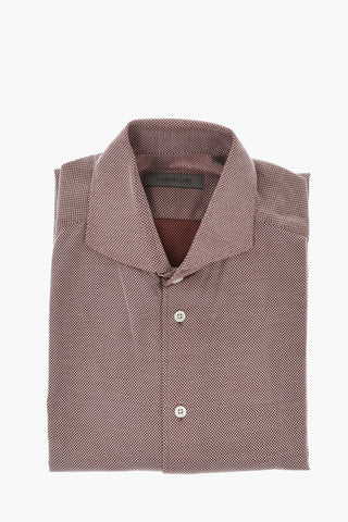 Camicia in Cotone a Motivo Honeycomb con Collo Francese