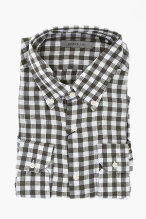 Camicia in Lino a Quadri con Colletto Button-Down