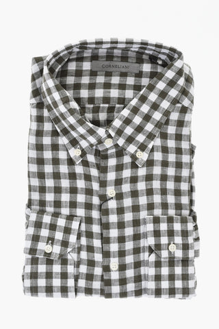 Camicia in Lino a Quadri con Colletto Button-Down
