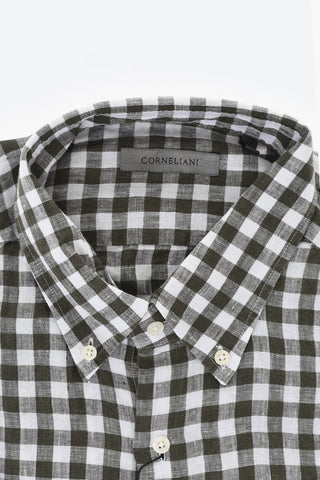 Camicia in Lino a Quadri con Colletto Button-Down