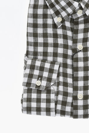 Camicia in Lino a Quadri con Colletto Button-Down