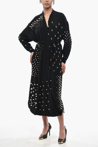 Vestito A AMniche Lunghe In Seta Con Dettagli Perline