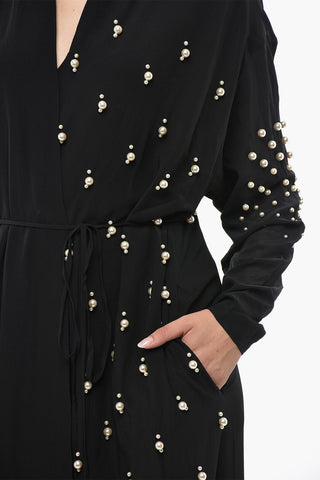 Vestito A AMniche Lunghe In Seta Con Dettagli Perline