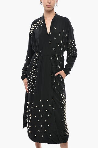 Vestito A AMniche Lunghe In Seta Con Dettagli Perline