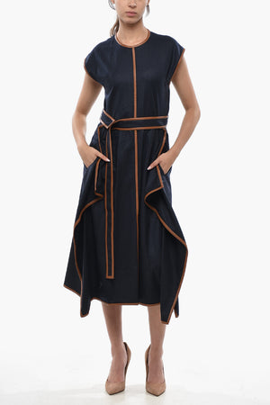 Asymmetrisches Midi-Kleid ELOISE aus Wollflanell mit kontrastierenden Besätzen und Gürtel