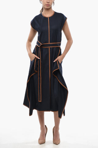 Asymmetrisches Midi-Kleid ELOISE aus Wollflanell mit kontrastierenden Besätzen und Gürtel