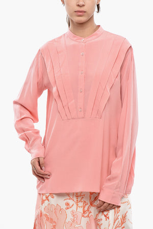 Silk Tuxedo-Style Blouse with Mandarin Collar