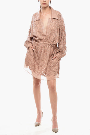 Silk Shirt Dress With Animal-Print, Eco-Leather Details And Open Back