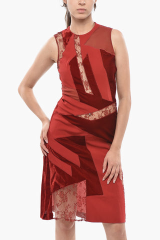 Tubino Midi in Patchwork con Dettagli in Velour e Pizzo