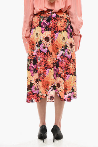 Silk Flared Midi Skirt with Floral Pattern