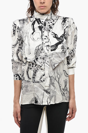 Patterned Silk Blouse STEFANIE with 3/4 Sleeves and Padded Shoulders