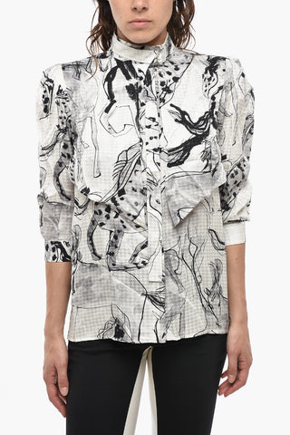 Blusa STEFANIE in Seta a Fantasia con Maniche a 3/4 e Spalline Imbottite
