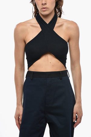 Top Crop in Tinta Unita dal Design Wrap e Collo Halter Incrociato