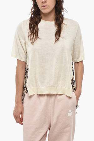 Short-Sleeve Virgin Wool Sweater With Floral-Pattern Insert