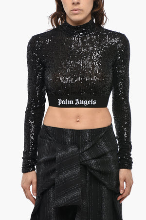 Top Crop in Paillettes a Maniche Lunghe con Banda Logata