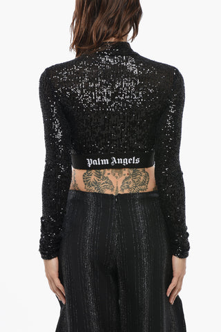 Sequin Long-Sleeve Cropped Top with Logo Band