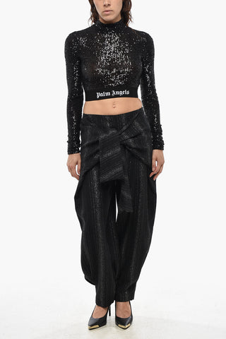 Sequin Long-Sleeve Cropped Top with Logo Band