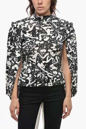 Top in Tessuto Stretch a Fantasia con Maniche Ampie Effetto Mantella