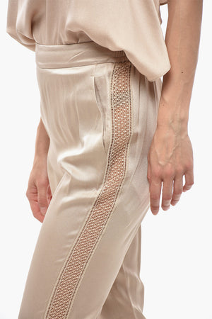 Pantaloni in Satin JULIA con Bande Laterali See Through e Polsini